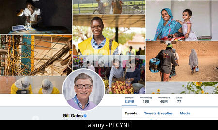Twitter page for Bill Gates. William Henry Gates III is an American business magnate, investor, author, philanthropist, humanitarian, and principal founder of Microsoft Corporation. Stock Photo