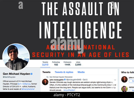 Twitter page for General Michael Hayden. Michael Vincent Hayden is a retired United States Air Force four-star general and former Director of the National Security Agency, Principal Deputy Director of National Intelligence, and Director of the Central Intelligence Agency. Stock Photo
