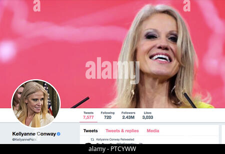 Twitter page for Kellyanne Conway. Kellyanne Elizabeth Conway is an American pollster, political consultant, and pundit who is currently serving as Counselor to the President in the administration of U.S. President Donald Trump. She was previously Trump's campaign manager, having been appointed in August 2016. Stock Photo