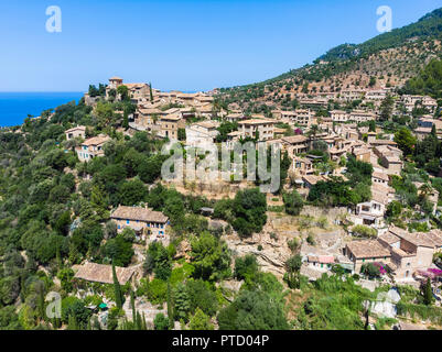 Aerial view, mountain village Deia, region Serra de Tramuntana, Majorca, Balearic Islands, Spain
