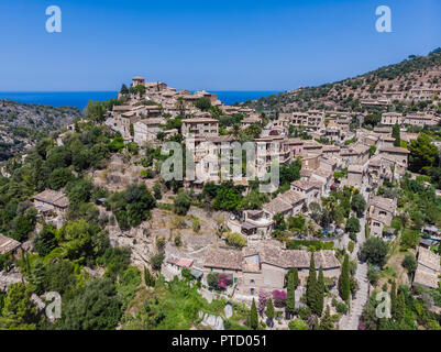 Aerial view, mountain village Deia, region Serra de Tramuntana, Majorca, Balearic Islands, Spain
