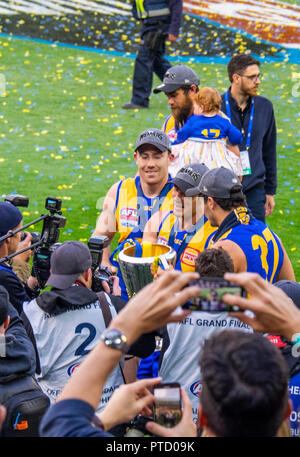 West Coast Eagles premiership players Jeremy McGovern and Josh Kennedy celebrating after 2018 AFL Grand Final at MCG Melbourne Victoria Australia. Stock Photo