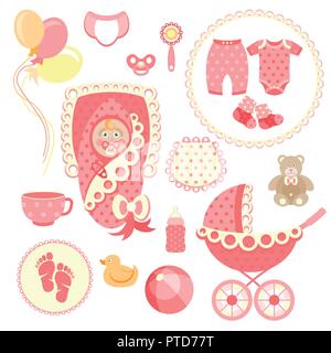 Newborn baby girl clip art with cute icons. Vector collection Stock Vector