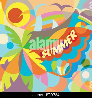 Summer theme with palm trees and bright Sun on yellow and blue background, illustration. Stock Vector