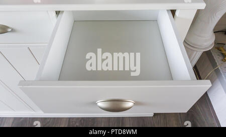 background empty modern white wooden cabinet drawer that is open and is empty Stock Photo