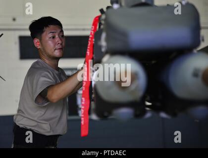 U.S. Air Force Staff Sgt. Sung Kim, 36th Aircraft Maintenance Unit 1-man, performs flight checks on an F-16 Fighting Falcon during a quarterly 51st Maintenance Group weapons load competition at Osan Air Base, Republic of Korea, July 7, 2017. Upon completion of the load, the aircraft and associated munitions must be inspected to confirm flight worthy status. Stock Photo