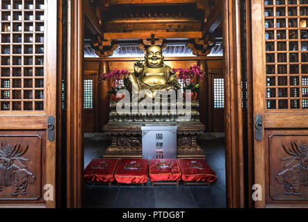 Shanghai China, JUN 22 2018:The inside of the Jing An Temple in Shanghai. one of destination of tourism. The Chinese characters on the board above the Stock Photo