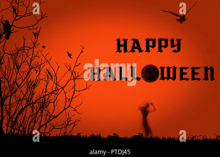 Halloween party creative illustration with black silhouette of zombie on orange background. Text Happy Halloween. Gothic style. Design template for po Stock Photo