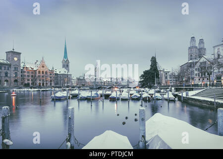 Old Zurich town in winter, view on lake Stock Photo