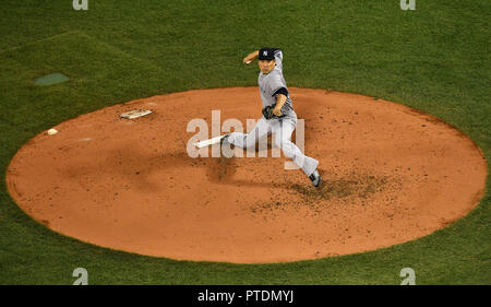 New York Yankees starting pitcher Masahiro Tanaka delivers a pitch during Game 2 of Major League Baseball's American League Division Series against the Boston Red Sox at Fenway Park in Boston, Massachusetts, United States, October 6, 2018. Credit: AFLO/Alamy Live News Stock Photo