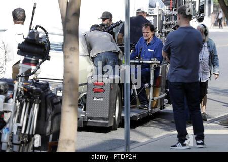 Quentin Tarantino is seen the set of 'Once Upon a Time In Hollywood' on the Burbank Boulevard on October 6, 2018 in Burbank, California. | usage worldwide Stock Photo