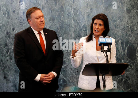 United Nations. 20th July, 2018. File photo shows Nikki Haley(R) and U.S. Secretary of State Mike Pompeo at the UN headquarters in New York, July 20, 2018. U.S. President Donald Trump said on Tuesday he has accepted Nikki Haley's resignation as the country's ambassador to the United Nations. Credit: Li Muzi/Xinhua/Alamy Live News Stock Photo