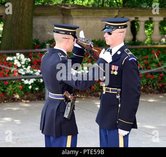 The relief commander conducts a detailed white-glove inspection of the weapon, checking each part of the rifle belonging to the Sentinel at the Tomb of the Unknown Soldier during the Changing of Guard ritual on July 11.    Regardless of the weather conditions, the Tomb of the Unknown Soldier is guarded 24 hours a day, 365 days a year by Soldiers of the 3rd U.S. Infantry Regiment (The Old Guard). Stock Photo