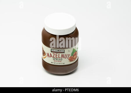 Portland, OR / USA - October 8 2018: Kirkland hazelnut spread with cocoa in a plastic jar. Stock Photo