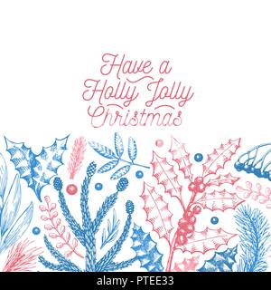 Greeting Christmas card in vintage style. Vector hand drawn illustrations. Banner with coniferous, pine branches, berries, holly, mistletoe. Winter forest background. Merry Christmas template. Stock Vector