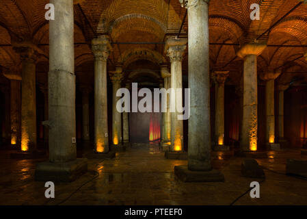 View of the rows of ancient Roman marble columns in the Basilica Cistern or Yerebatan Sarnıcı, Istanbul, Turkey Stock Photo