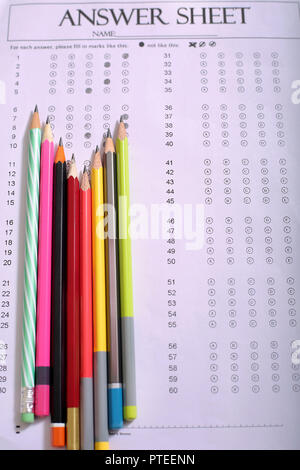 Picture of colorful pencil on the OMR sheet. Stock Photo