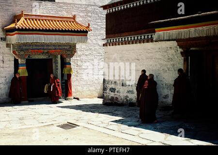 Labrang Monastery, Xiahe, Gansu Province / China - JUN 6 2011: tibetan buddhist monks gather in one of their temple for an event