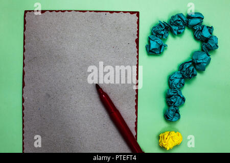 Design business concept Empty copy space modern abstract background. Gray paper marker crumpled papers forming question mark green background Stock Photo