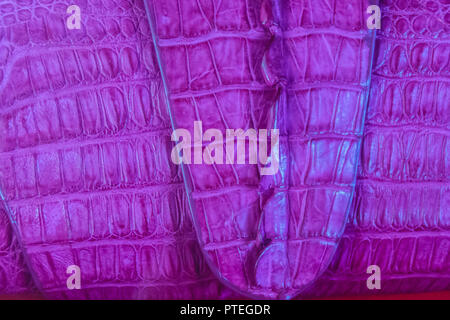 Beautiful purple crocodile leather handbag for sale in the luxury shop. Stock Photo