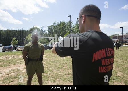 U.S. Marine Corps Gunnery Sgt. Louis H. Flores, right, instructor advisor with Marine Corps Embassy Security Group sprays a student during oleoresin capsicum (OC) spray training on Marine Corps Base Quantico, Va., July 7, 2017. Students are sprayed with OC as a part of their training to become Marine Security Guards. Stock Photo