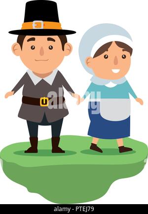 pilgrims couple characters icon Stock Vector