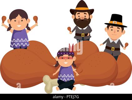 group of thanksgiving characters with turkey thighs Stock Vector