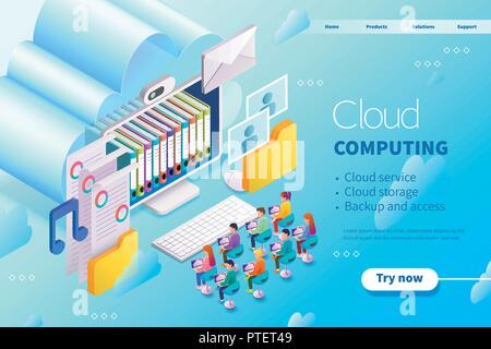 3d isometric could computing service, people sitting in front of screen and keyboard Stock Vector