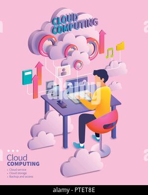 3d isometric cloud computing concept, man using his own device uploading data through coulds Stock Vector