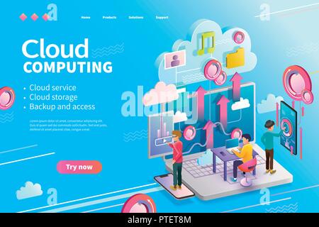 3d isometric cloud computing webpage design, people using could service uploading data Stock Vector