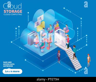3d isometric cloud computing, people using service in could shape symbol Stock Vector
