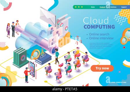 3d isometric cloud computing webpage design, business interview and human resource management Stock Vector