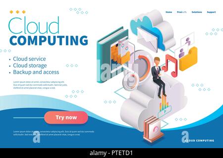 3d isometric cloud computing webpage design, man sitting upon cloud service symbol Stock Vector