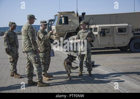 U.S. Soldiers with the 615th Military Police Company, 131st Military Police Detachment (MWD) section, conduct MWD Certification at the Illesheim Army Airfield Motorpool in Bavaria, Germany, July 19, 2017. MWD's are trained to subdue or intimidate suspects before having to use lethal force; they are also used for detecting explosives and narcotics. Stock Photo