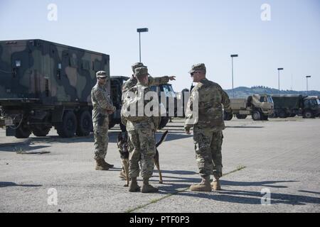 U.S. Soldiers with the 615th Military Police Company, 131st Military Police Detachment (MWD) section, conduct MWD Certification at the Illesheim Army Airfield Motorpool in Bavaria, Germany, July 19, 2017. MWD's are trained to subdue or intimidate suspects before having to use lethal force; they are also used for detecting explosives and narcotics. Stock Photo