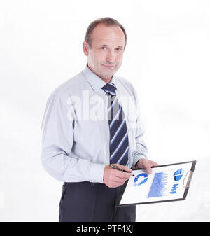 businessman holds a financial report. photo with copy space. Stock Photo