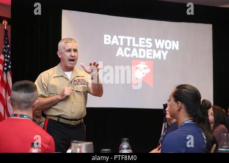 Major Gen. Paul Kennedy, the commanding general of Marine Corps Recruiting Command, speaks during the opening ceremony of the inaugural Battles Won Academy, July 13, 2017, in Washington D.C. The Battles Won Academy is a part of the Marine Corps’ Semper Fidelis All-American Program, which recognizes young men and women who excel in athletics, but have also shown themselves to be leaders in the classroom and in their hometowns. Ninety-seven high school student-athletes attended the academy, which focused on developing their self-confidence, discipline, teamwork, and honing the fighting spirit th Stock Photo