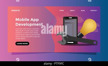 Mobile app development concept. Ready to use vector illustration. Suitable for background, wallpaper, landing page, web, banner, card and other creati Stock Vector