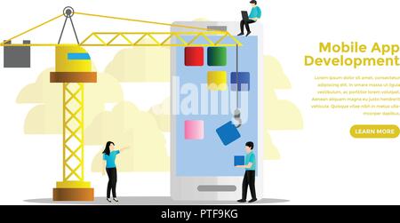 Mobile app development concept. Ready to use vector illustration. Suitable for background, wallpaper, landing page, web, banner, card and other creati Stock Vector