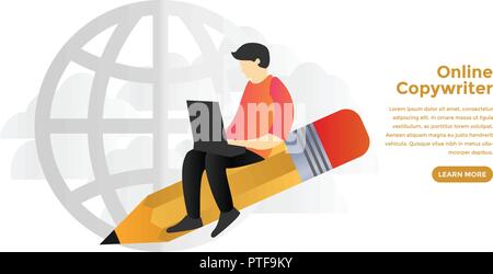 Online copywriter concept. Ready to use vector illustration. Suitable for background, wallpaper, landing page, web, banner, card and other creative wo Stock Vector
