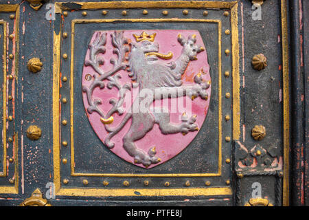 Element of doors of St. Peter and St. Paul Basilica in Vysehrad, Prague. Coat of arms of Bohemia and whole Czech lands - silver double-tailed lion on  Stock Photo