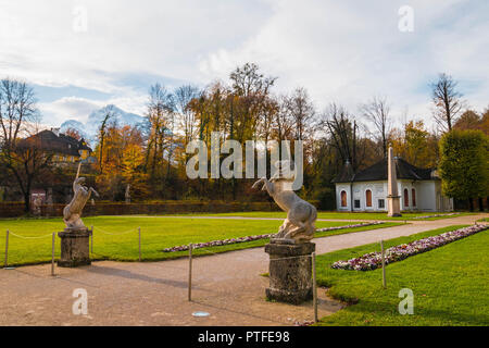 Sculptures of unicorns in the beautiful park of Hellbrunn palace. Stock Photo
