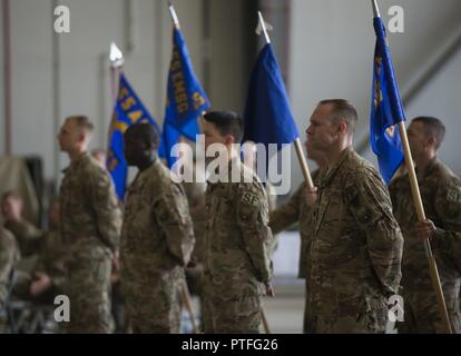 Squadron commanders stand in formation during the 455th Expeditionary Mission Support Group change of command ceremony at Bagram Airfield, Afghanistan, July 20, 2017. During the ceremony, Col. Bradford Coley relinquished command of the 455th EMSG to Col. Phillip Noltemeyer. Stock Photo