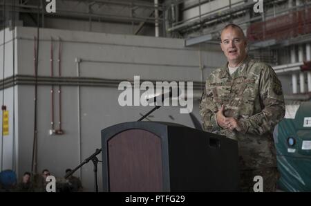 Col. Phillip Noltemeyer, the 455th Expeditionary Mission Support Group commander, speaks to 455th EMSG Airmen and guests after taking command of the 455th EMSG at Bagram Airfield, Afghanistan, July 20, 2017. Noltemeyer is a career logistics readiness officer and has served as a squadron commander multiple times. Stock Photo