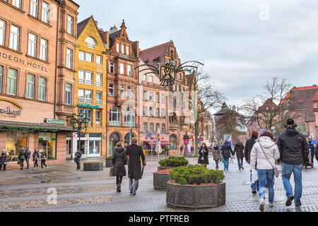 Nuremberg, Germany - December 24, 2016: City street with traditional houses in Bavaria at Christmas time Stock Photo