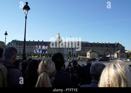 PARIS, FRANCE - OCTOBER 5 2018 -   Paris celebrating Charles Aznavour funeral at invalides historic place, citiziens partecipate from the external fie Stock Photo