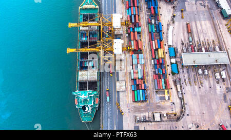 Aerial view from flying drone of shipping and freight import of goods and freight export and delivery to the international port. Water transport conce