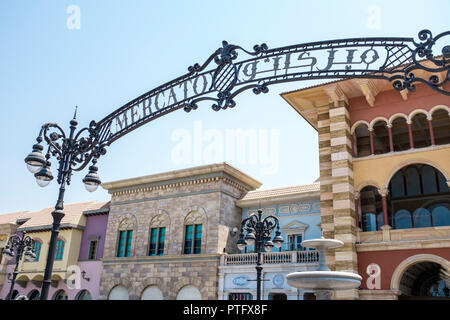 Entrance sign for Mercato Mall in the Jumeirah 1 district of Dubai. The Italian-themed mall is home to more 140 shops, cafes and restaurants. Stock Photo