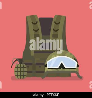 Military helmet vest and hand grenade. Vector illustration Stock Vector