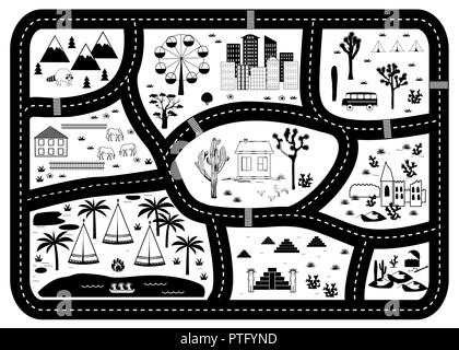 Road, Mountains and Woods Adventure Map. Kids play carpet or poster with native americans tribal elements. Trendy black and white Scandinavian Style.  Stock Vector